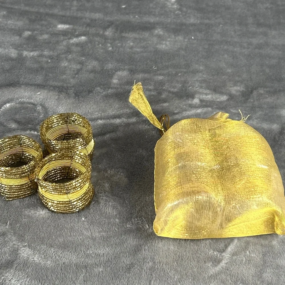 Pier 1 Imports Gold‎ Beaded Napkin Rings Set of 7 Metallic Holiday Table Decor